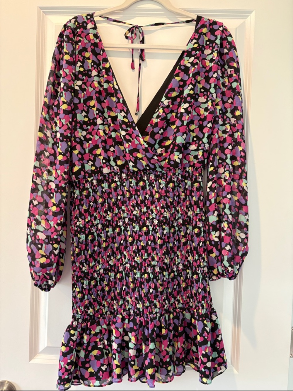 Wayf Black Floral V-Neck Ruffle Dress with Pink & Purple Accents